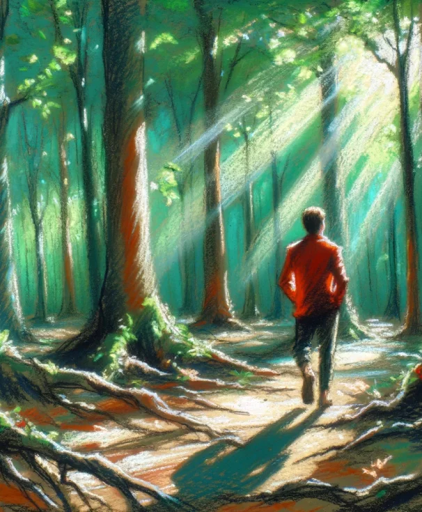 Une personne marchant dans la forêt en quête de réponse